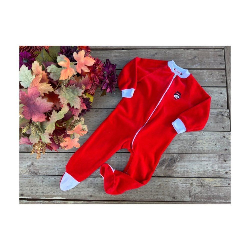 Vintage 80s Milton Funwear Red Velvet Footy Pajamas White Trim Sz 18M